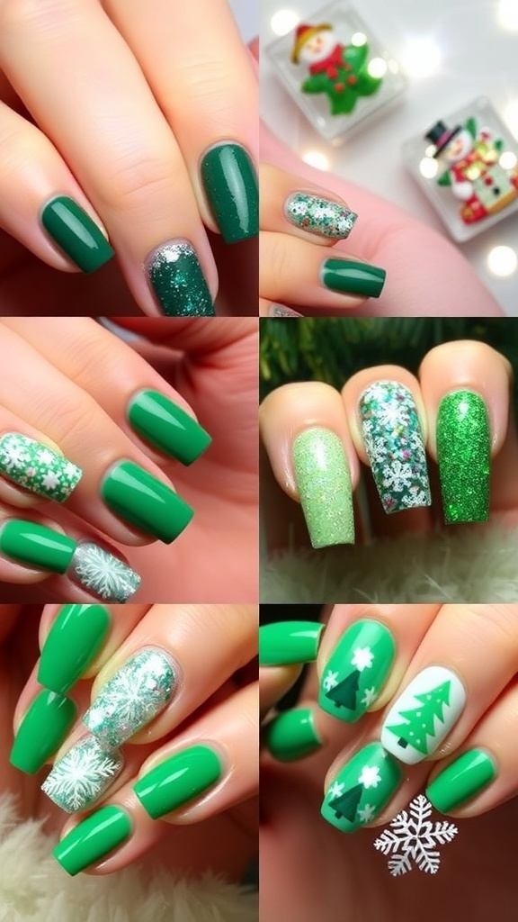 A variety of Christmas green nail designs including solid colors, glitter, and festive art.
